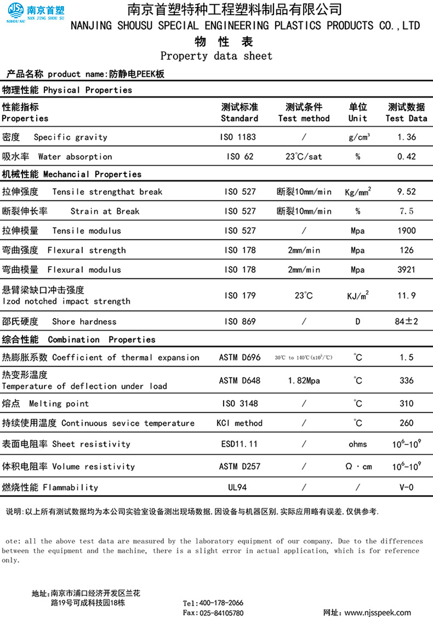 PEEK防静电棒板参数表